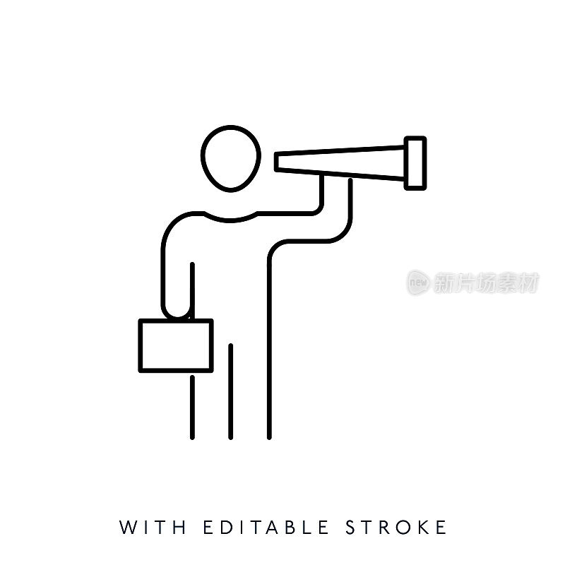 商人正在望远镜里看线图标。可编辑的中风