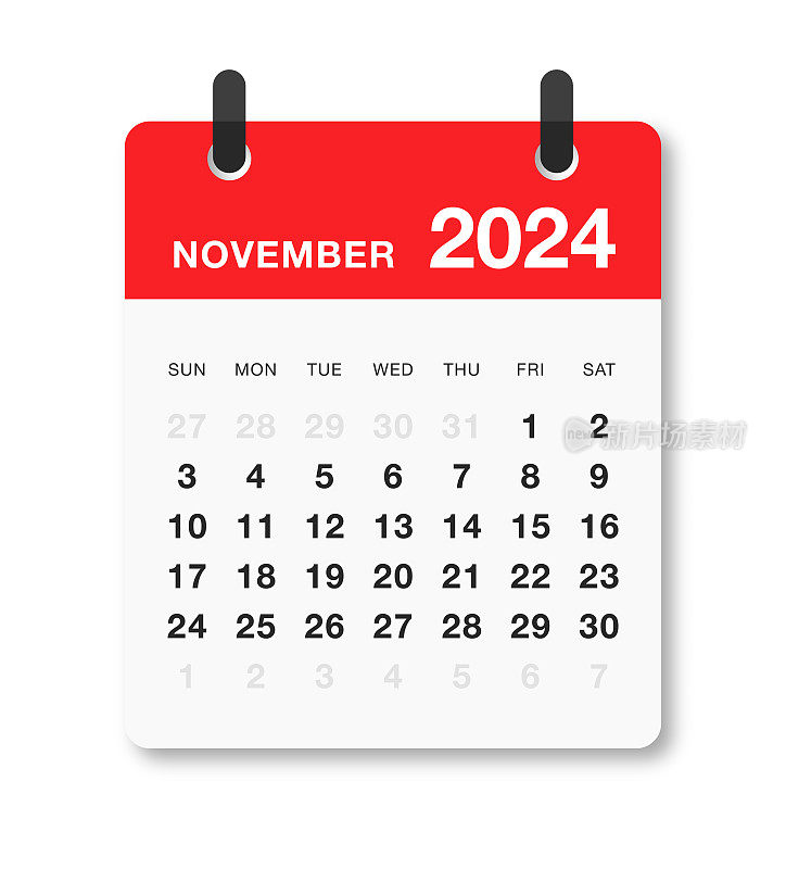每月2024年11月日历星期日开始