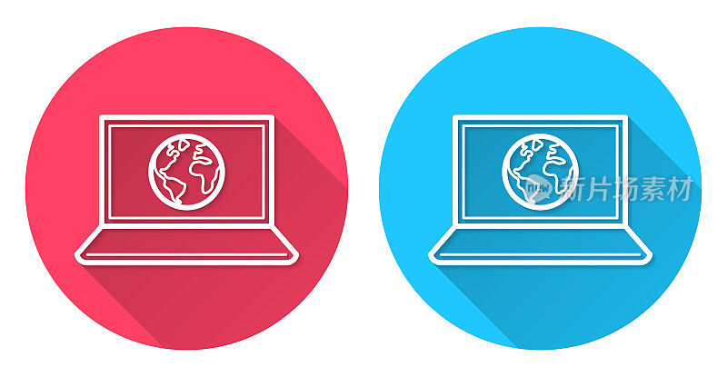 笔记本电脑与地球。圆形图标与长阴影在红色或蓝色的背景