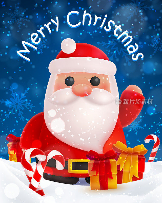 海报与圣诞老人Сlaus和金色，红色的礼物，糖果手杖与雪花，雪景冬日的背景。新年快乐的明信片，横幅，装饰，设计，艺术插图。