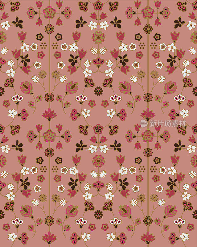 粉红色和棕色的民族花卉图案。华丽的锦缎织物样品。