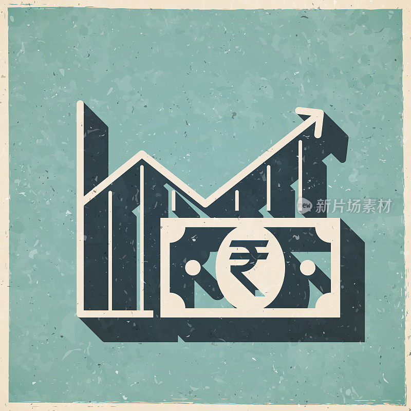 印度卢比纸币的增长图表。图标复古复古风格-旧纹理纸
