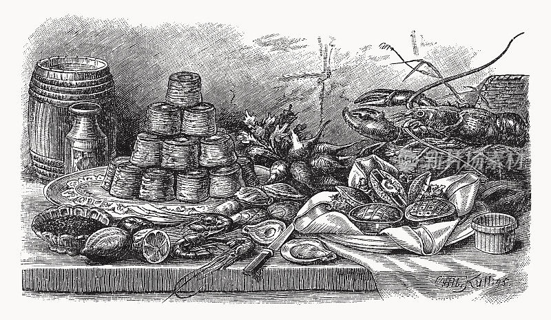 怀旧的厨房氛围与不同的食物，木刻，1898年出版