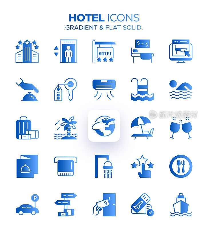 酒店图标设置渐变的颜色-住宿，房间，床，预订，接待，酒店大楼，手提箱