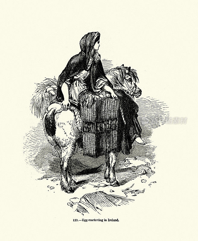 拿鸡蛋去市场的女人，爱尔兰，马鞍篮子，骑小马，爱尔兰历史，19世纪50年代至19世纪