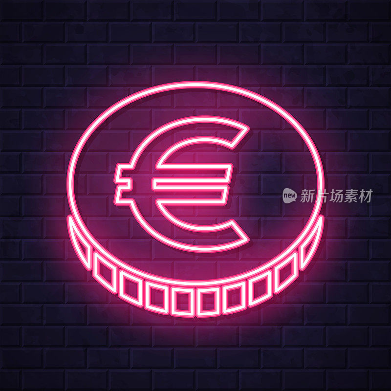 欧元硬币。在砖墙背景上发光的霓虹灯图标