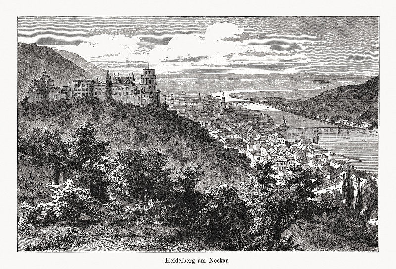 海德堡的历史观，巴登-符腾堡，德国，木版画，出版于1894年