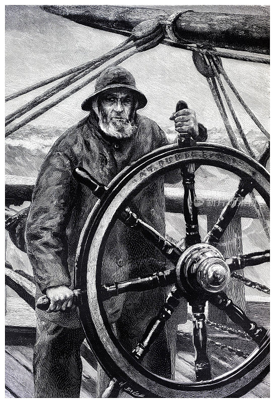 在一艘帆船上掌舵的老船长，雕刻于1885年