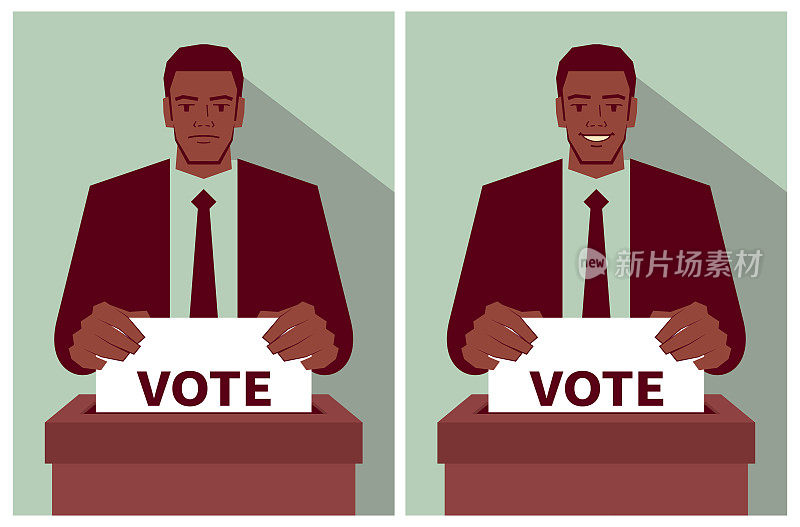 在选举期间，穿着西装的年轻人带着两种不同的情绪在投票点投下了一票