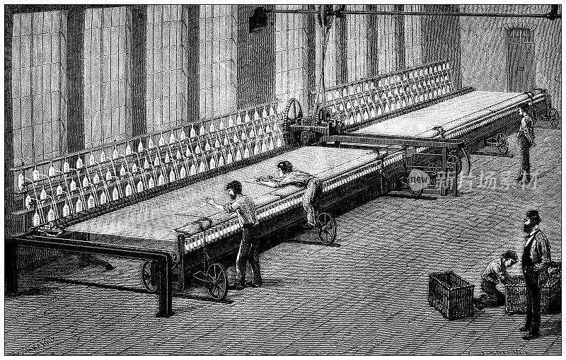 19世纪工业、技术和工艺的仿古插画:纺织和时尚工业、棉花生产