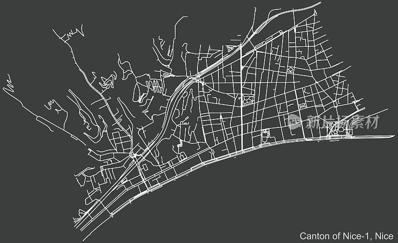 法国尼斯的尼斯-1区广州的黑暗负街道道路地图