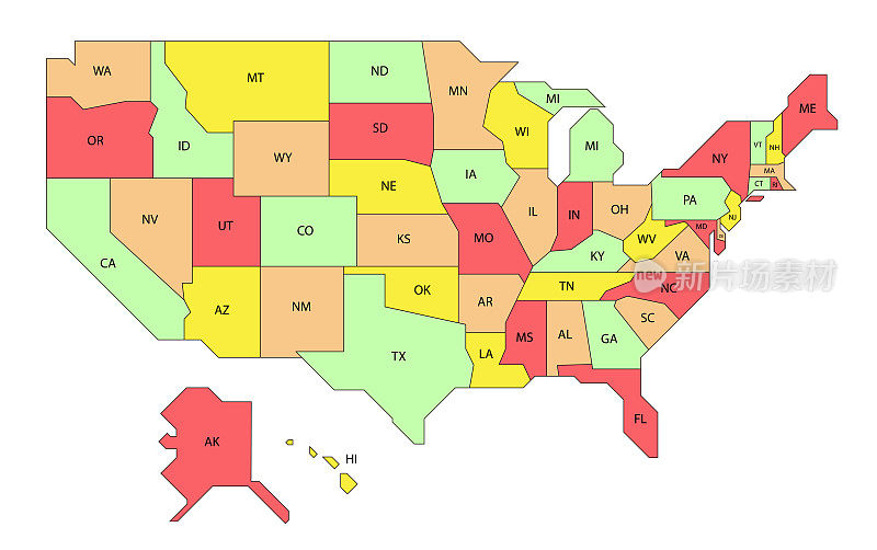 简单的美国地图，美国50个州。矢量图