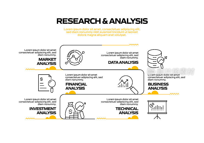 研究和分析相关的过程信息图表模板。过程时间图。带有线性图标的工作流布局