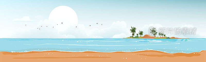 蓝色海洋的海景和岛上的椰树，水平的海边沙滩，蓝色的天空和蓬松的云，矢量插图美丽的自然景观海滨为夏日假期的背景