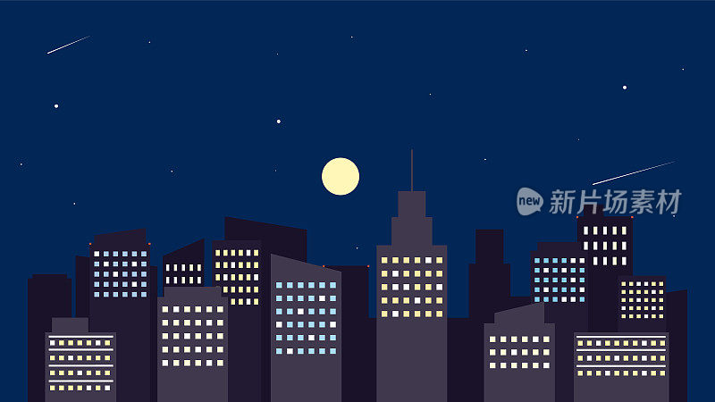 城市和摩天大楼景观和夜景插图