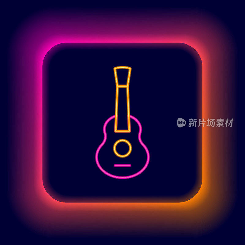 发光的霓虹灯线吉他图标孤立在黑色背景上。木吉他。弦的乐器。色彩斑斓的轮廓的概念。向量