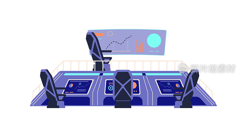 飞船桥或座舱与椅子和电脑屏幕，平面矢量插图孤立在白色背景。