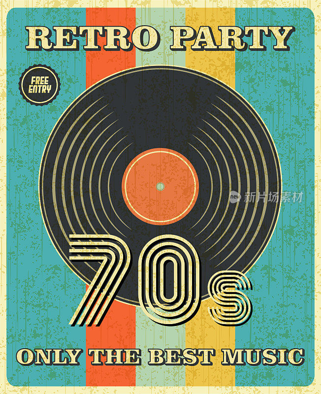 复古音乐和复古黑胶唱片海报在复古设计风格。70年代迪斯科派对