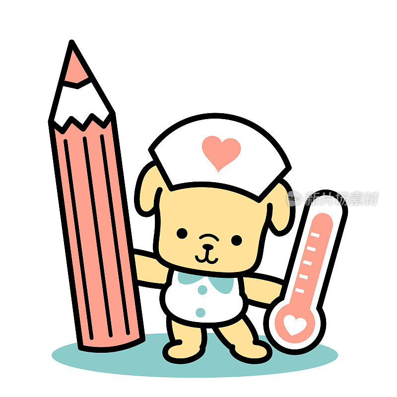 可爱的狗护士站着，拿着彩色铅笔和体温计