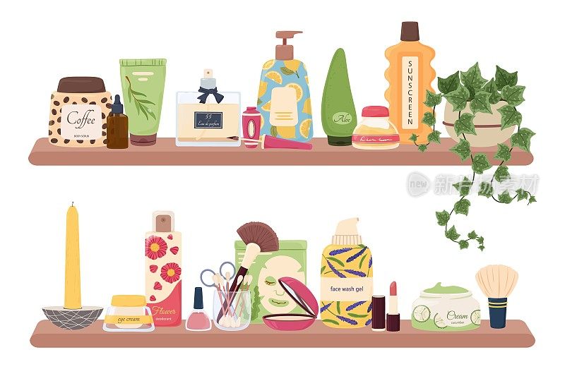 浴室架子上的护肤品、化妆品和化妆品瓶子。洗发水，面霜，头发和身体护理美容产品的货架向量集