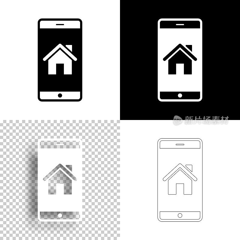 智能手机和智能家居。图标设计。空白，白色和黑色背景-线图标