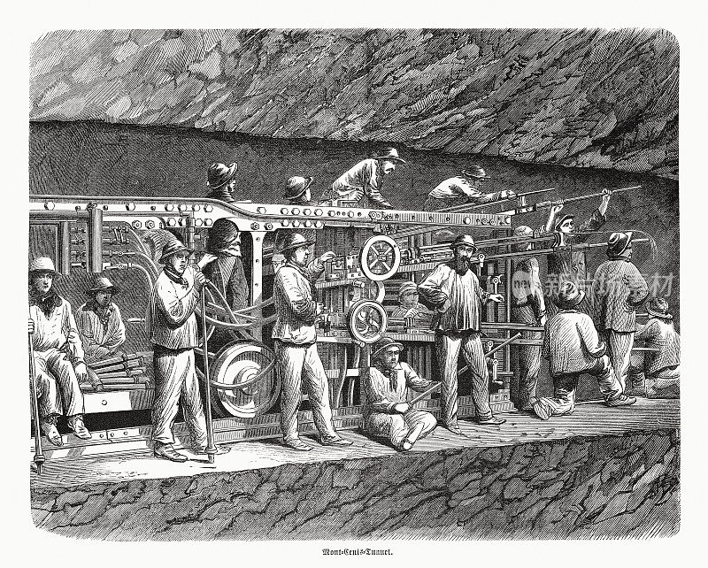 建造Fréjus铁路隧道，木版画，出版于1870年