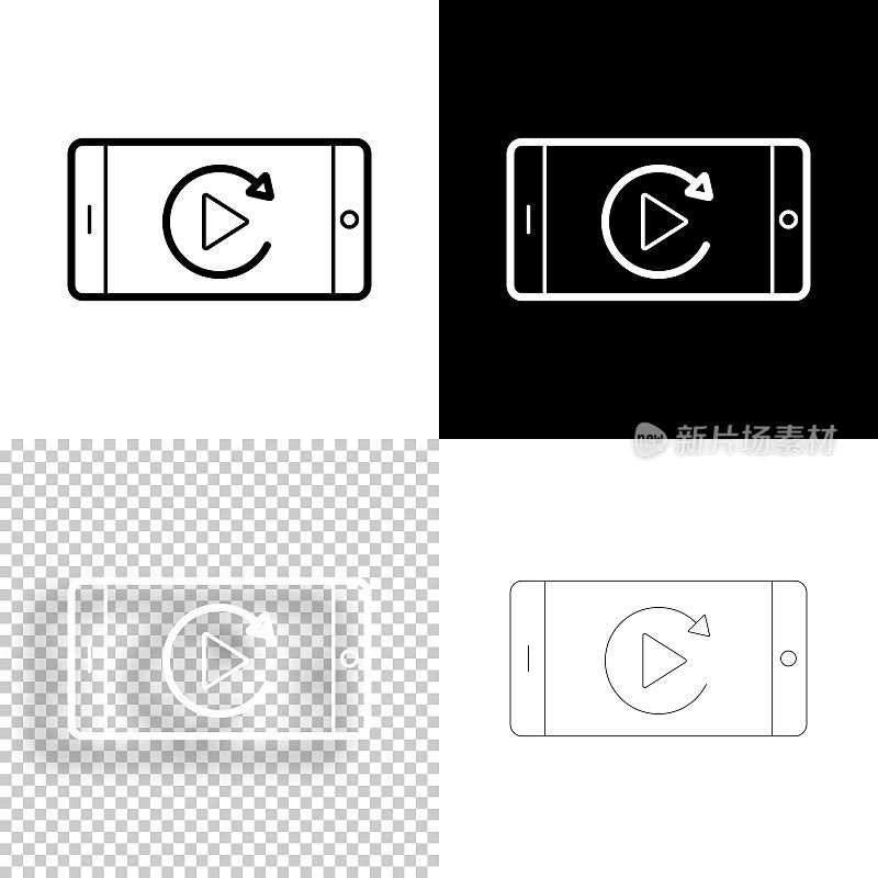 回放在智能手机上。图标设计。空白，白色和黑色背景-线图标