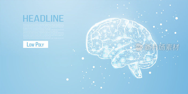人类的大脑。线框低多边形风格。医学概念，脑癌，神经网络。摘要现代三维矢量插图蓝色背景