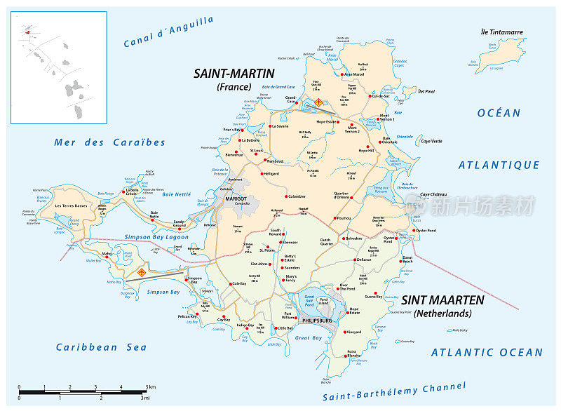 加勒比海圣马丁岛的路线图，法国，荷兰