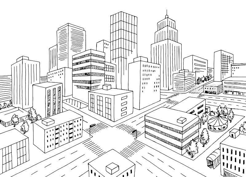 城市俯视图从上方空中十字路口街道图形黑白草图插图矢量
