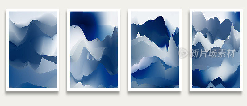 矢量梯度蓝色流动山中国水彩画水墨画场景图案横幅卡设计元素，插图抽象背景集合