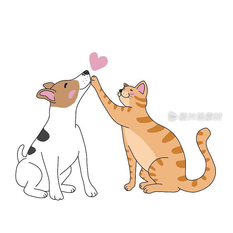 小猫和杰克罗素狗狗相爱卡通矢量插图