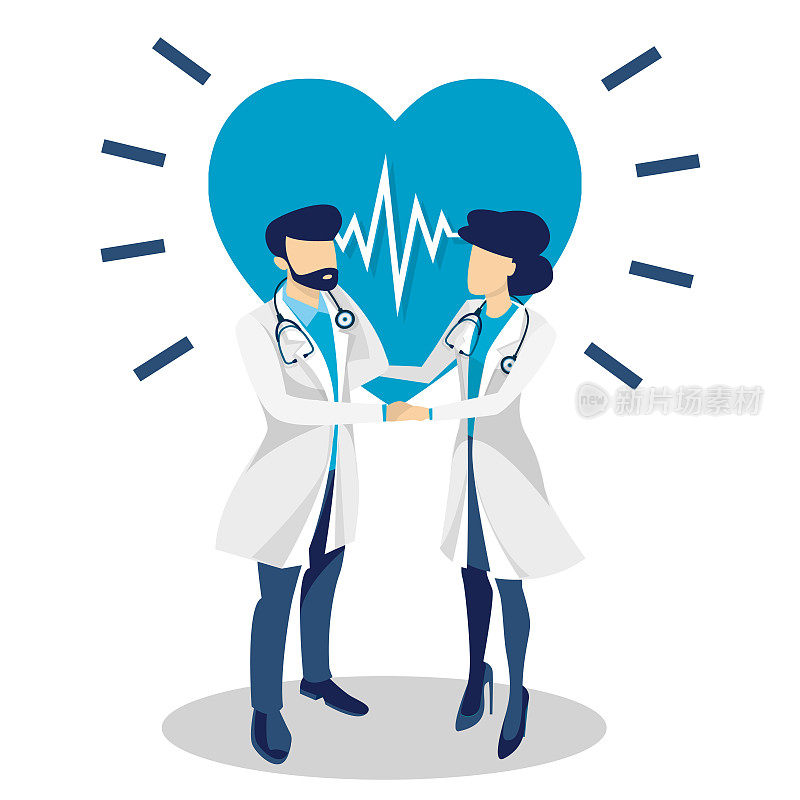 医学和心脏病学的概念。男医生和女医生在背景上握手，在一个孤立的白色背景上有一个跳动的心脏。