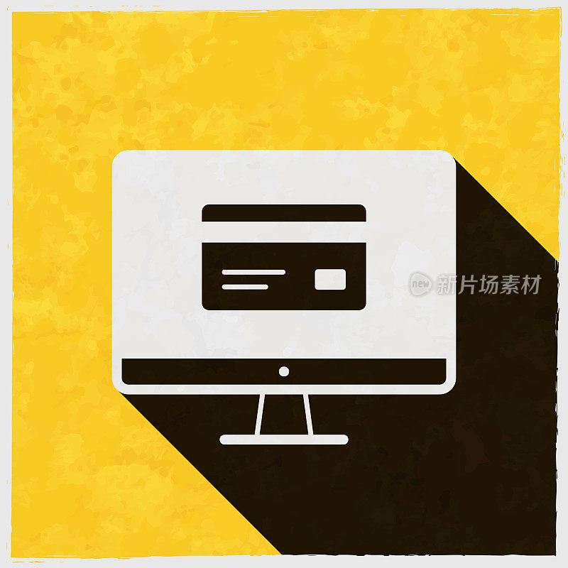 带信用卡的台式电脑。图标与长阴影的纹理黄色背景
