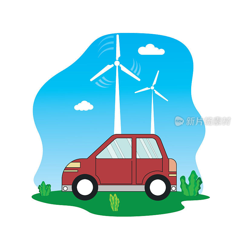 可再生能源。电动汽车。风力发电机智能城市的背景。可再生能源，充电矢量插图概念。