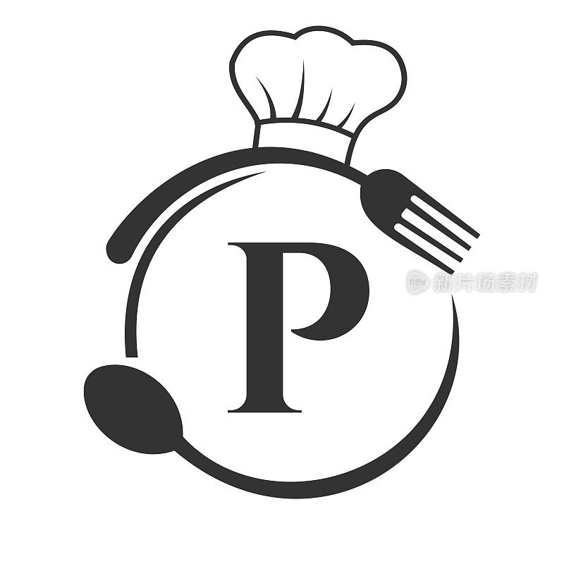 餐厅标志，餐厅标志在字母p厨师帽子，勺子和叉子餐厅符号向量模板