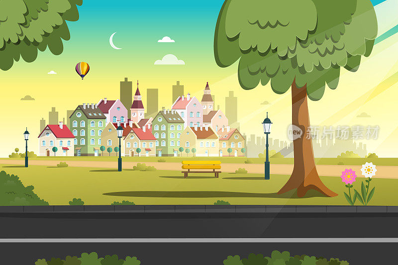 空的早晨城市公园与树木，街道的前景和房屋的背景向量