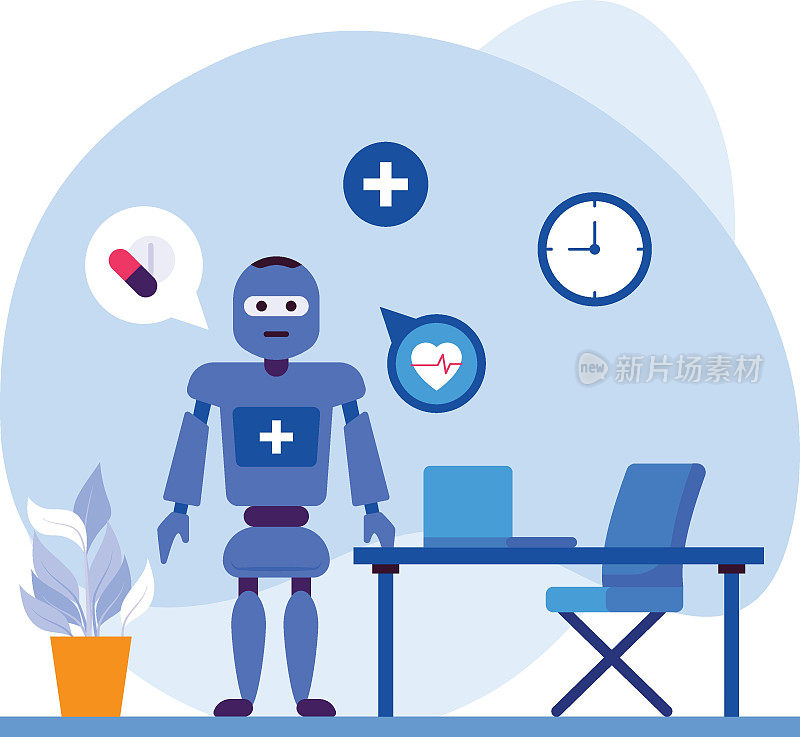 物联网虚拟医生机器人在线医生咨询概念矢量图标设计，机器人医学符号，医疗场景标志，创新人工智能工作在现代诊所插图