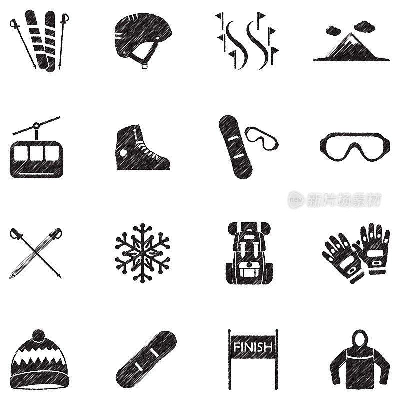 单板和滑雪图标。黑色涂鸦设计。矢量插图。
