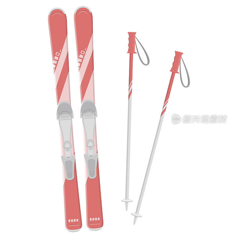 矢量插图红色滑雪板和杆子孤立的背景。