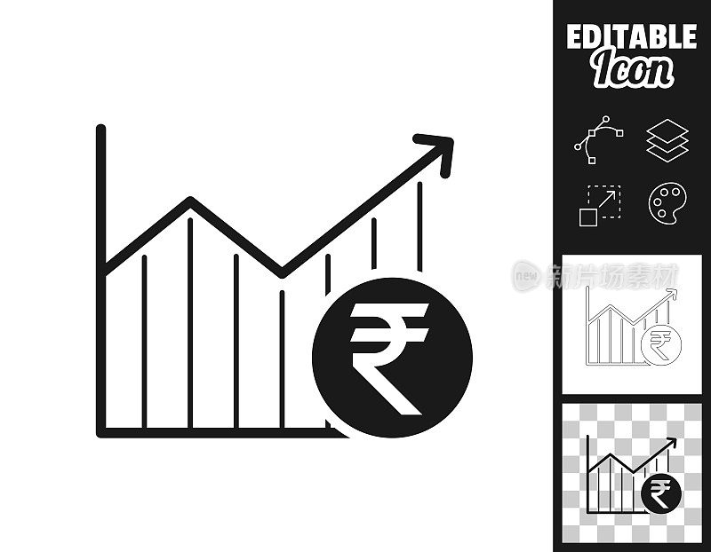 印度卢比硬币的增长图。图标设计。轻松地编辑