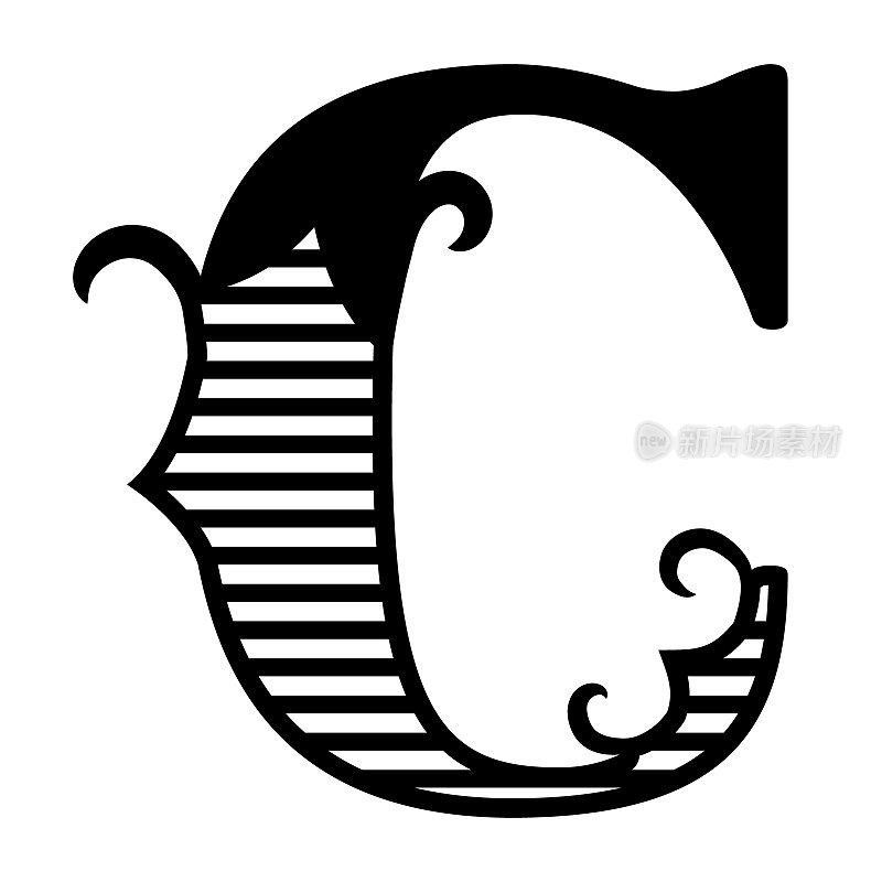 字母C的字母组合，标志。大写字母与漩涡和雕刻阴影内部。名字或姓氏的象征。用于印刷首字母的C字母标识。矢量插图，黑色轮廓设计