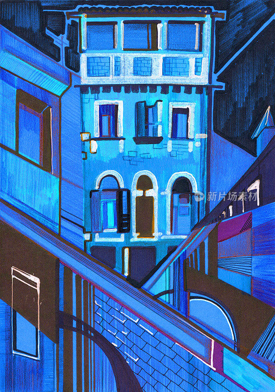 美丽的蓝色城市。插图。公寓。住房复杂。