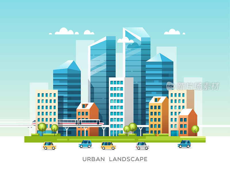 城市景观与建筑，摩天大楼和城市交通。矢量插图。