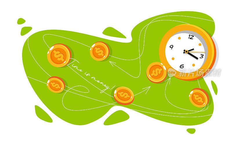 扁平风格的商业和时间概念。时钟和美元与抽象背景上的线性图标。