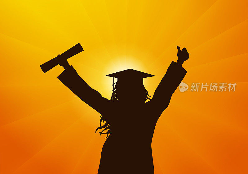 日落背景下，穿着斗篷和学士帽的毕业女孩拿着证书。毕业典礼。矢量图