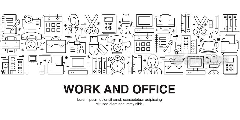 工作和办公室，矢量样式的细线图标。为图标，信息图形，移动和网页等准备模板。