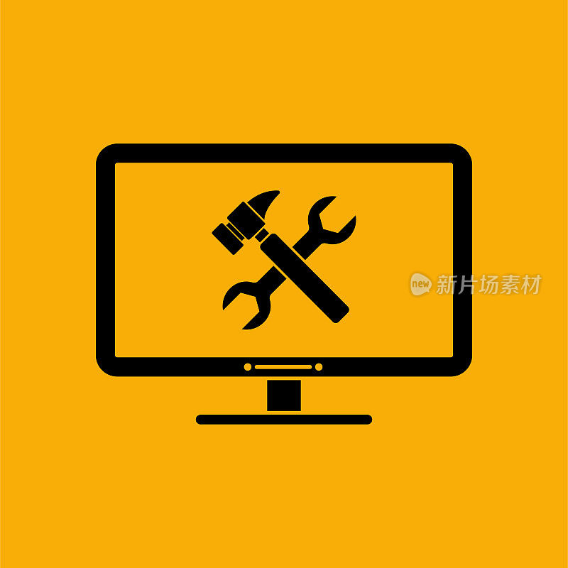 黄色背景上有扳手和锤子的电脑显示器。