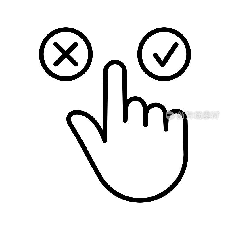 手，手指按带有复选标记的按钮。艰难的选择，艰难的决定，在“是”和“不是”概念之间做出选择。