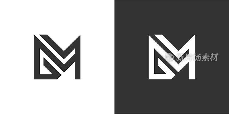 GM或MG首字母标志设计矢量黑白背景。